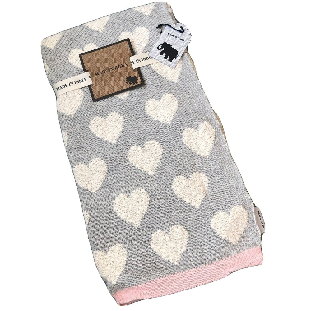New MADE IN INDIA Cotton Knit Baby Girl Blanket Throw Gray W/ Hearts